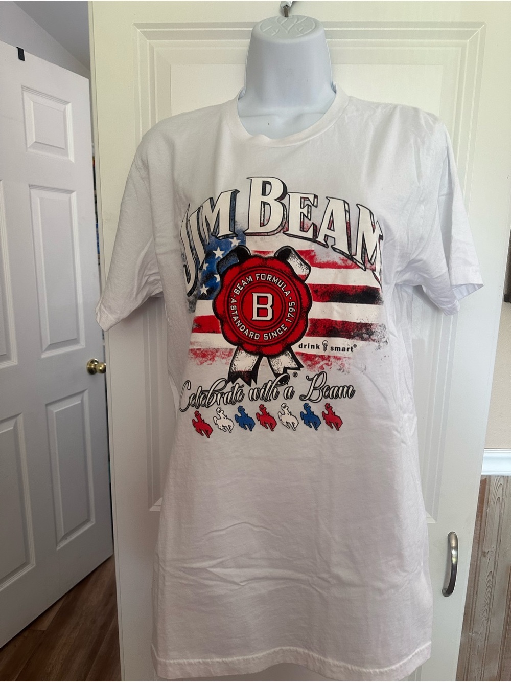 American Apparel White Jim Beam Graphic Tee with Red & Blue Logo